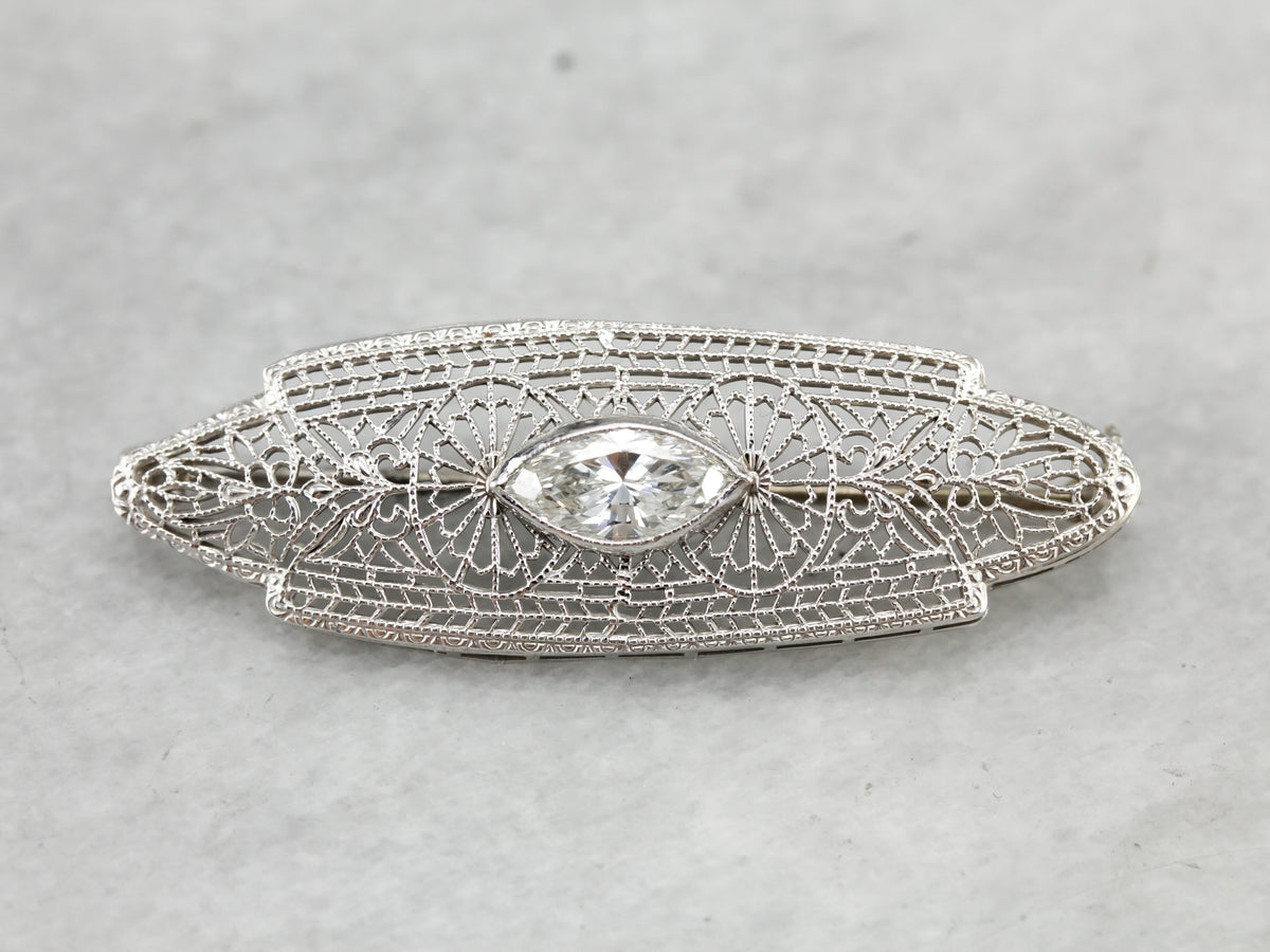 Outstanding Filigree Brooch with One Carat Diamond Center, Art Deco Finery