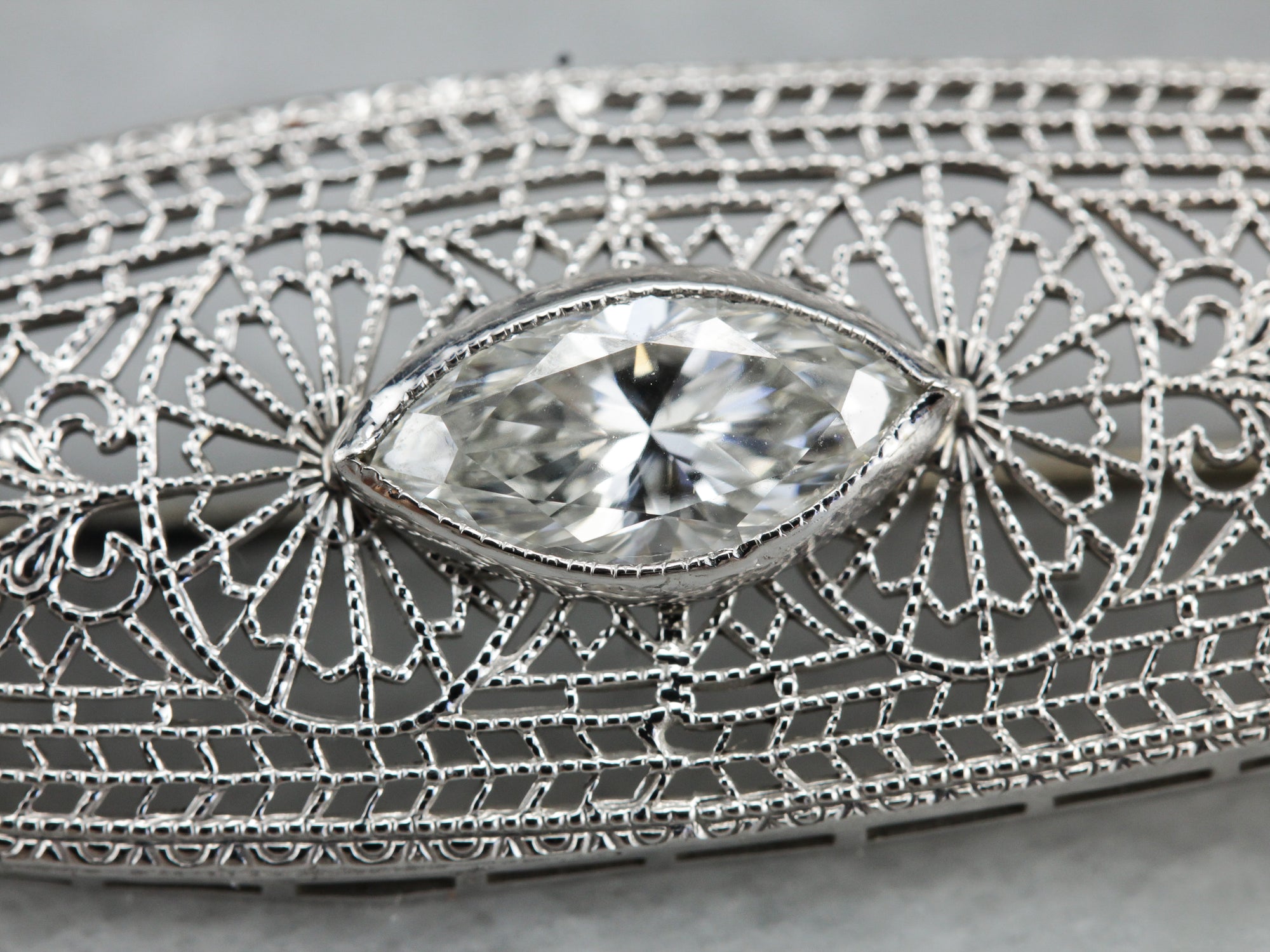 Outstanding Filigree Brooch with One Carat Diamond Center, Art Deco Finery