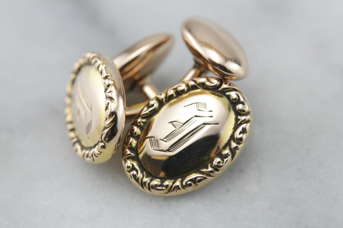 Victorian Era Old English &quot;I&quot; Monogram Rose Gold Cufflinks