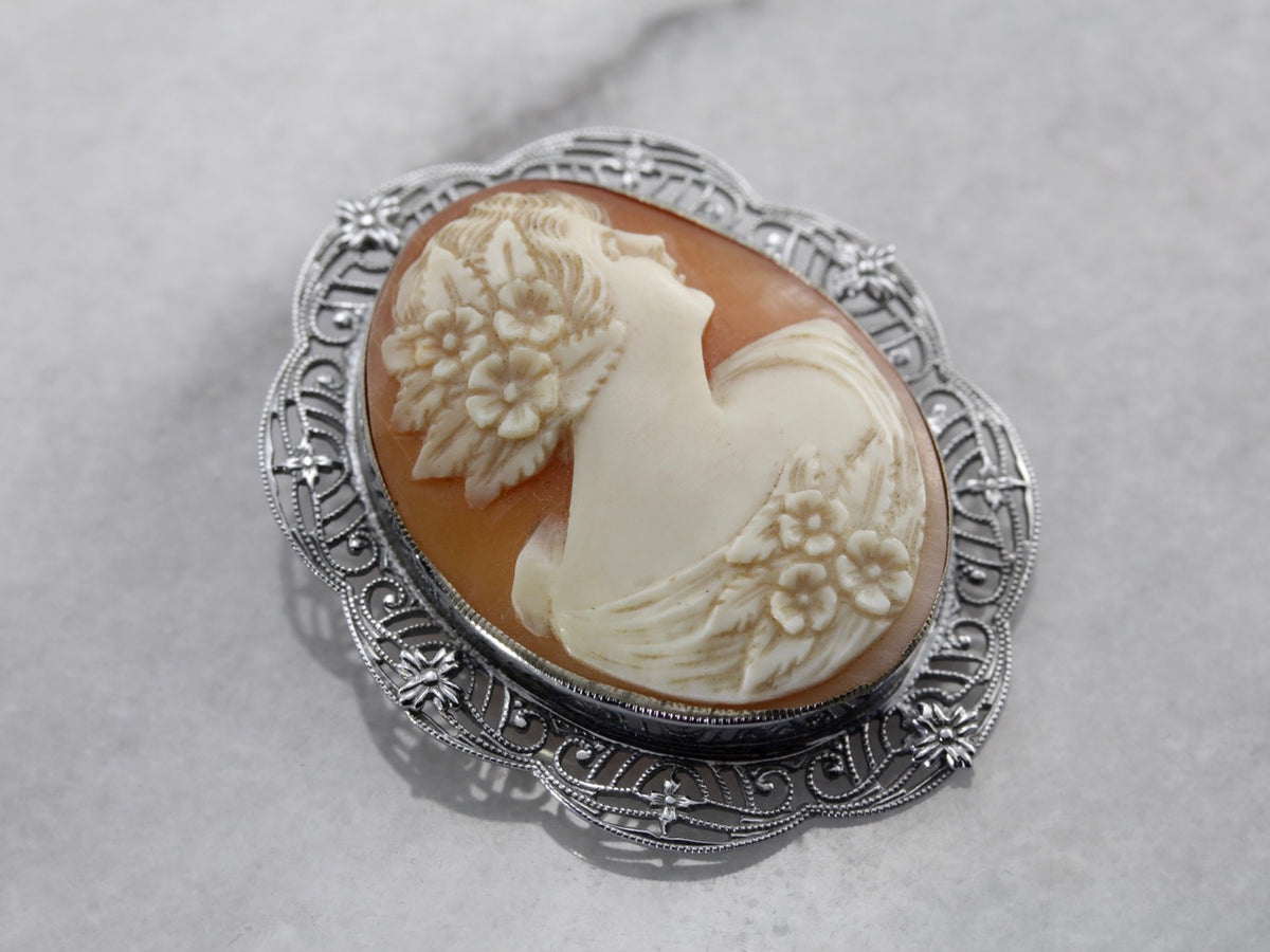 Classic White Gold Filigree Art Deco Cameo Brooch