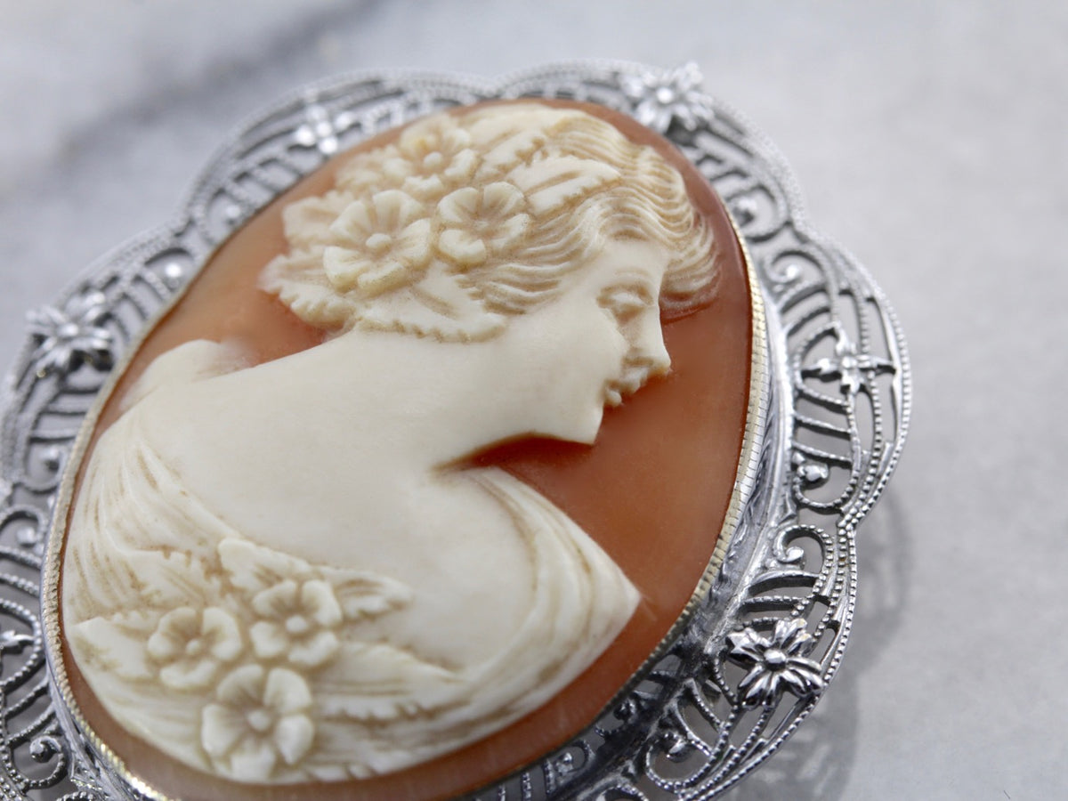 Classic White Gold Filigree Art Deco Cameo Brooch