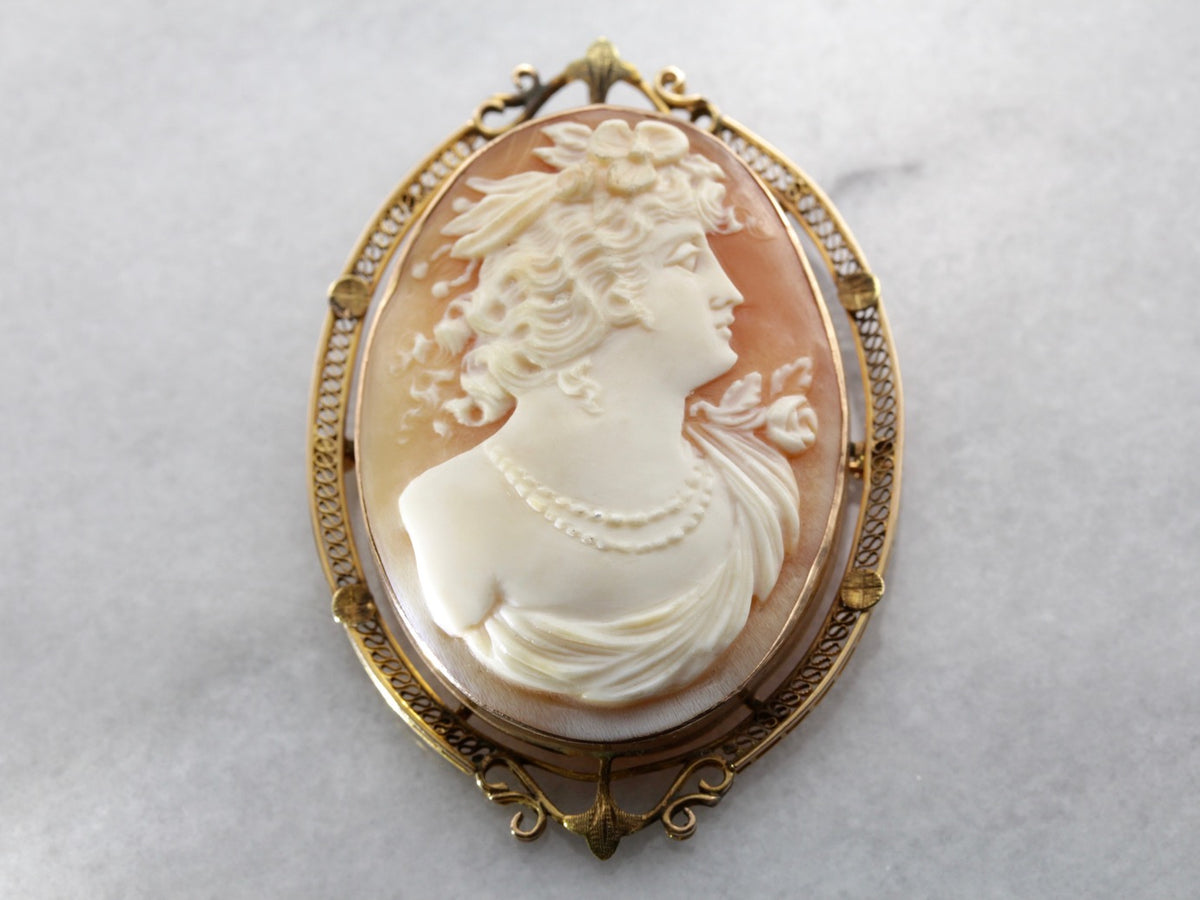 Art Nouveau Era Cameo Gold Filigree Pendant Brooch