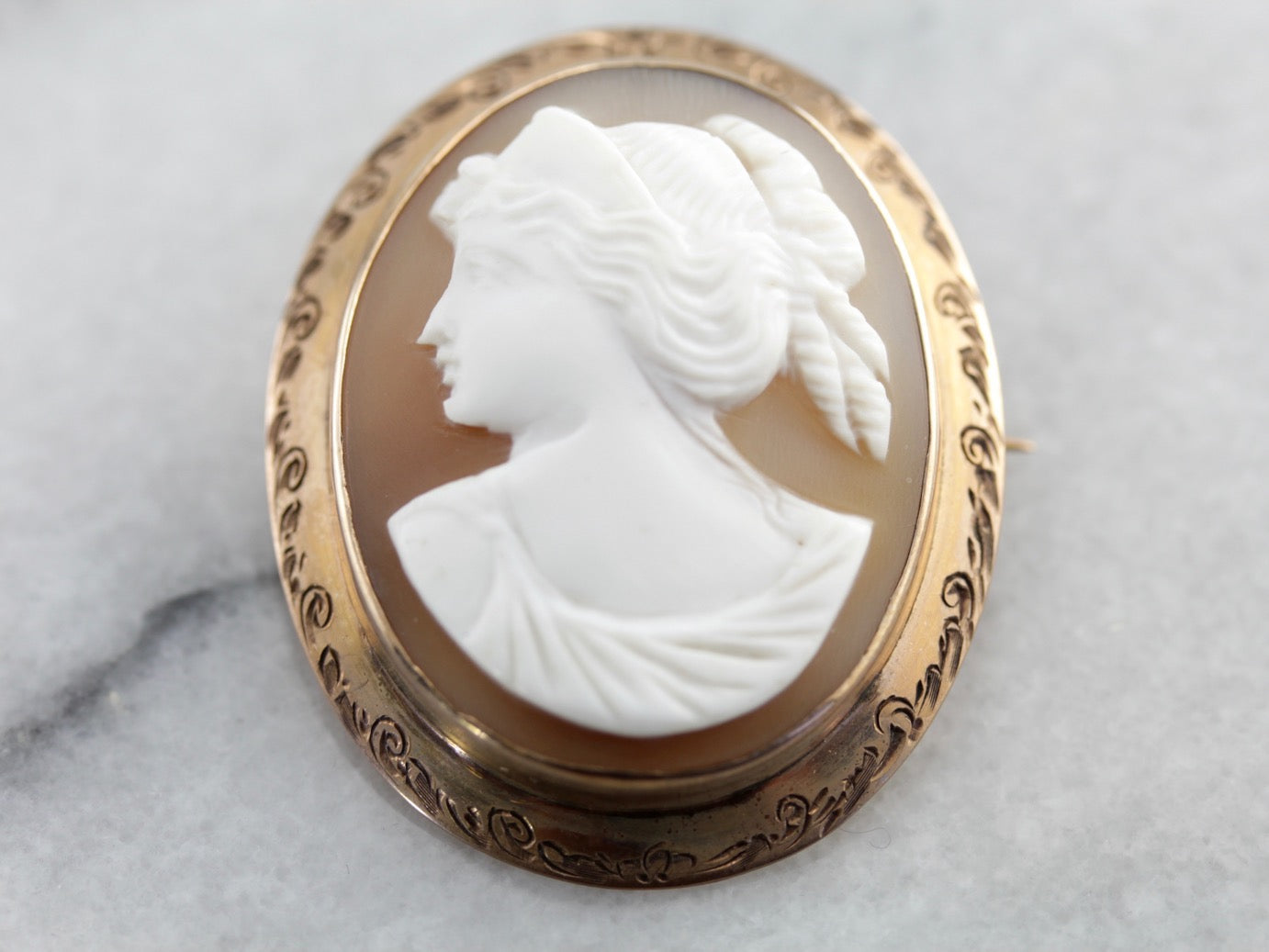 Antique Cameo Etched Rose Gold Brooch