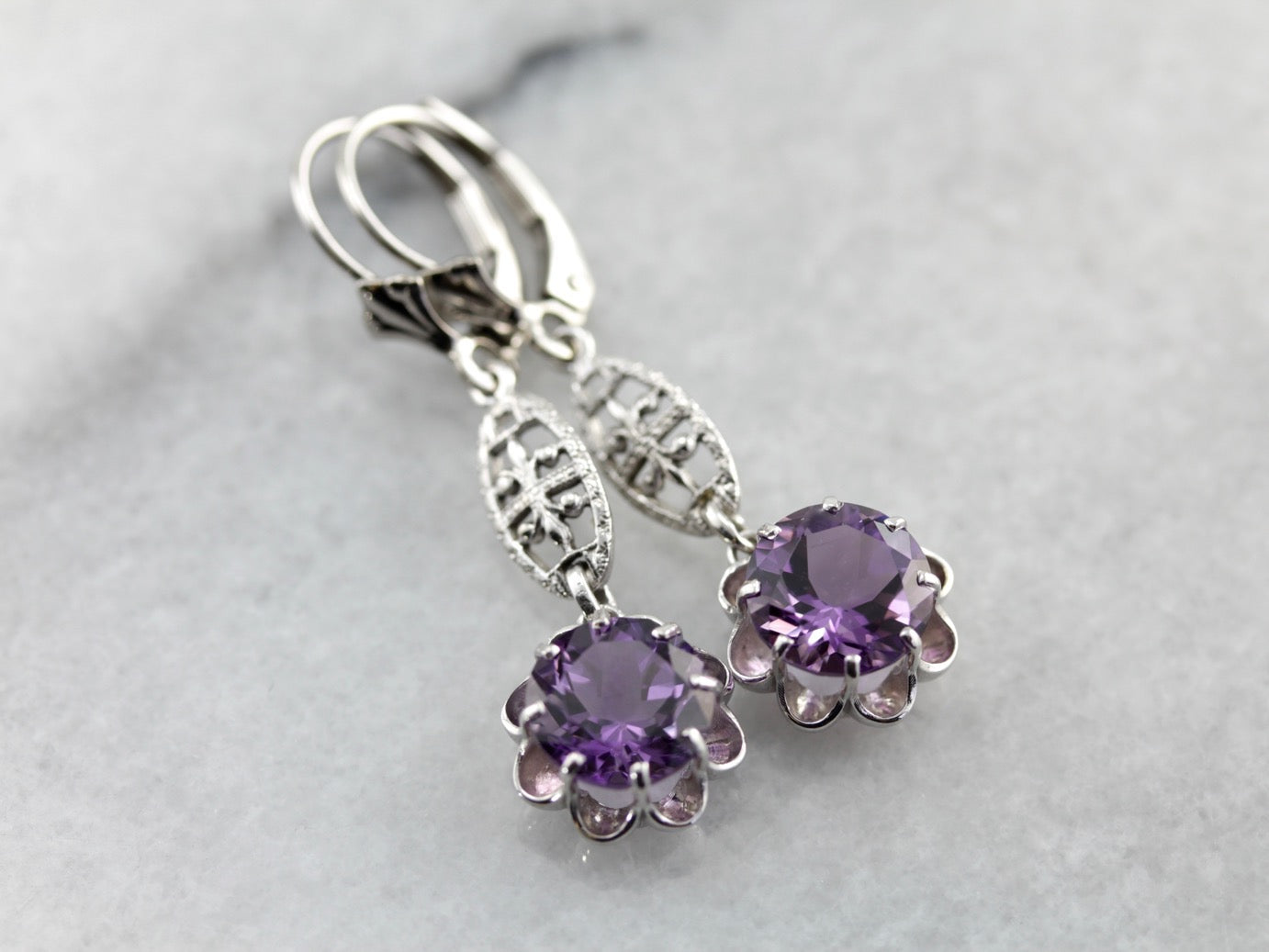 Bright Amethyst Drop Earrings with Simple Filigree Accents in White Gold