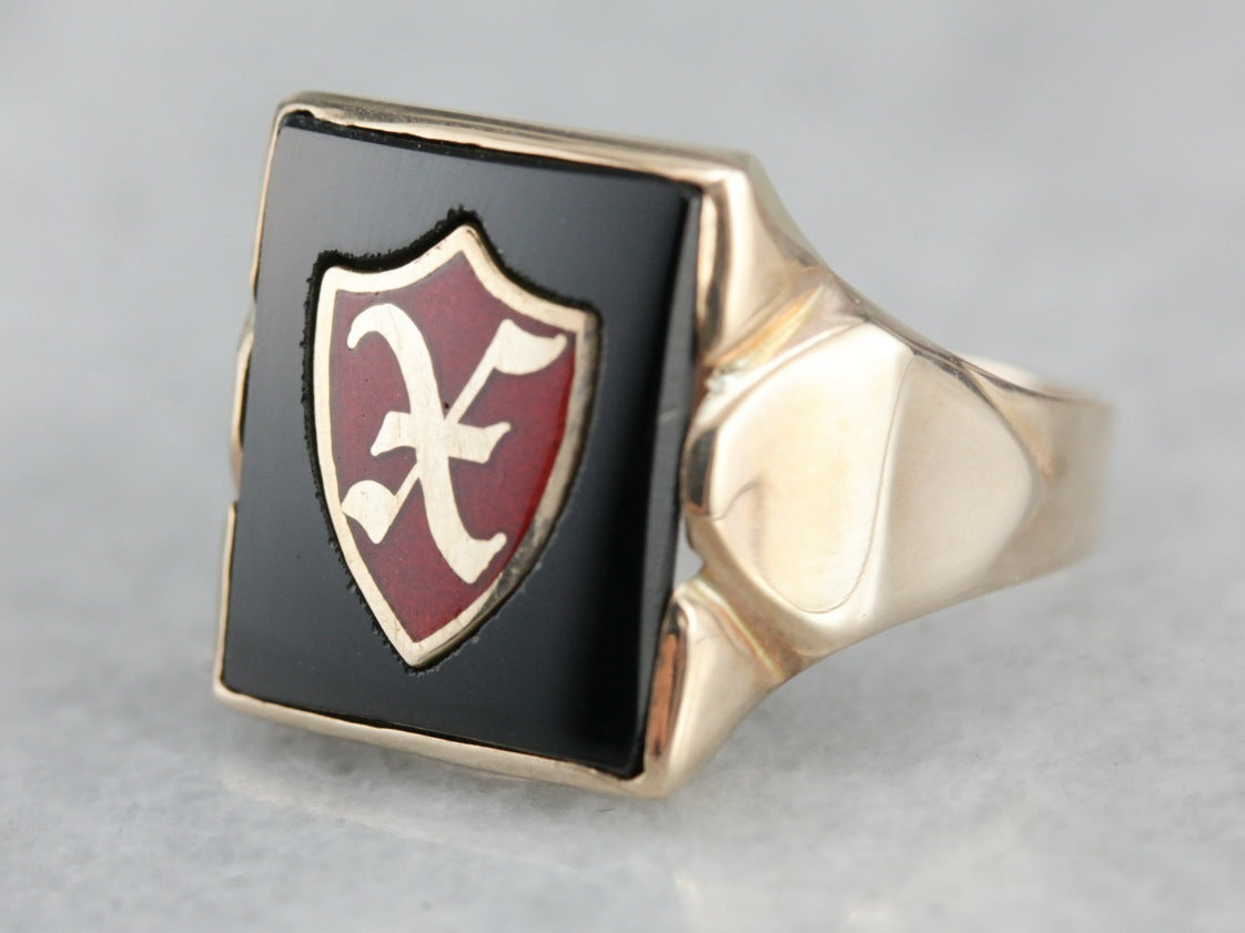 10K Gold Men&#39;s Onyx Ring  with Enamel X Inlay