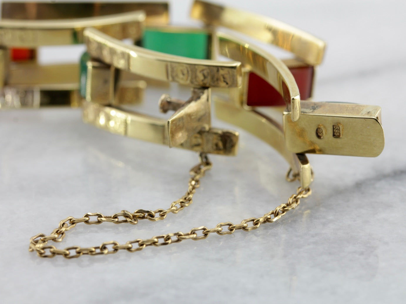 Gold plated brass cuff bracelet with carnelian and green hot onyx