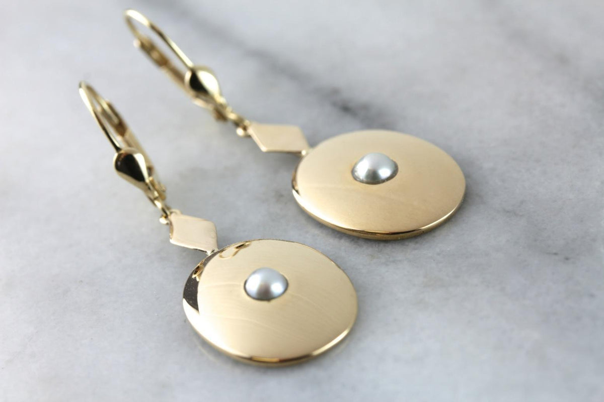 Polished Yellow Gold and Pearl Drop Earrings