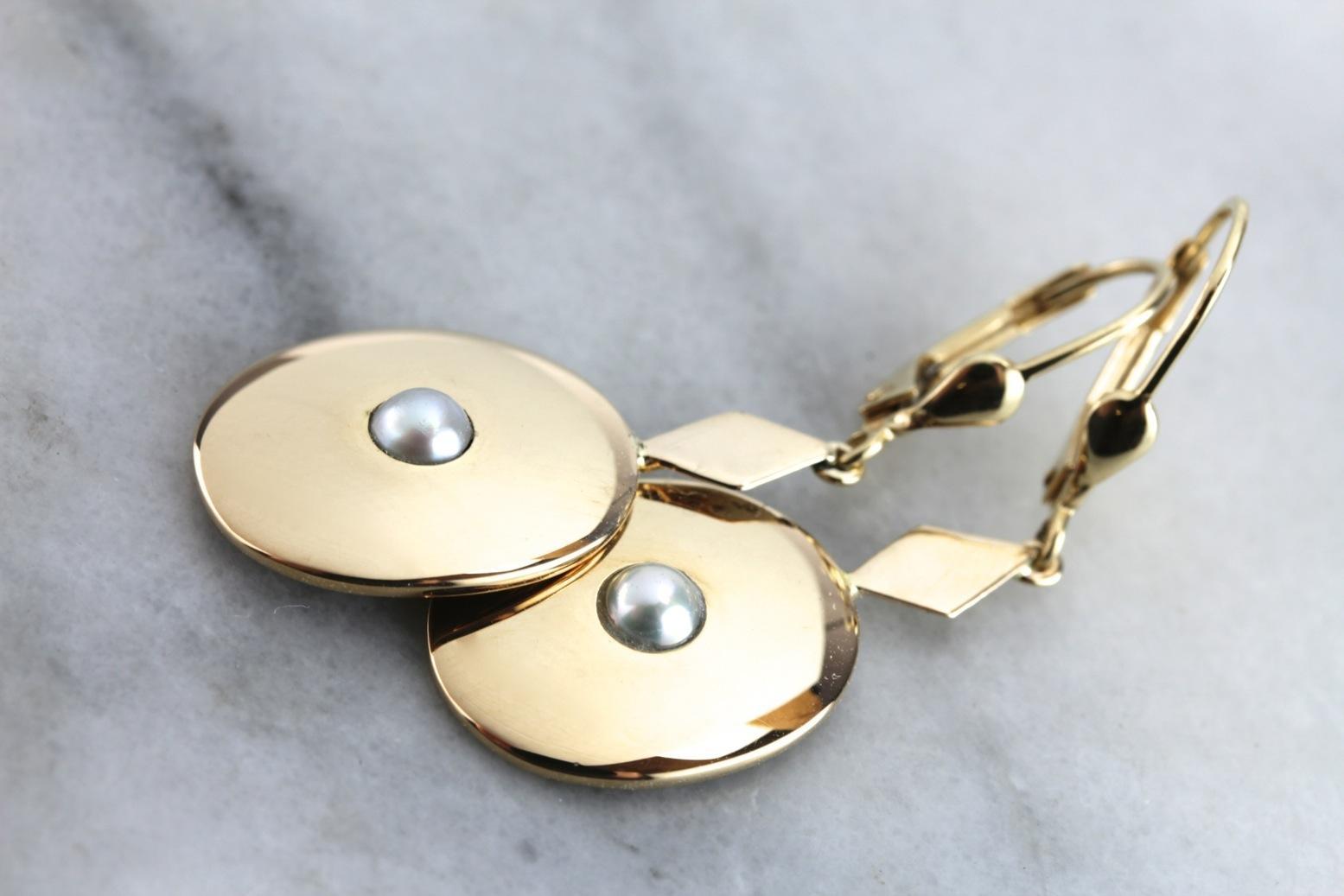 Polished Yellow Gold and Pearl Drop Earrings