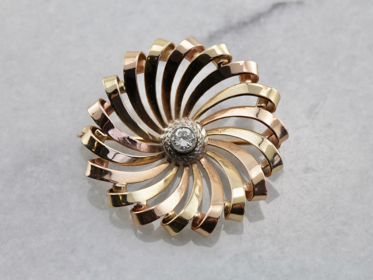 Mid Century Spiral Brooch with Diamond Center in Tri Color Gold