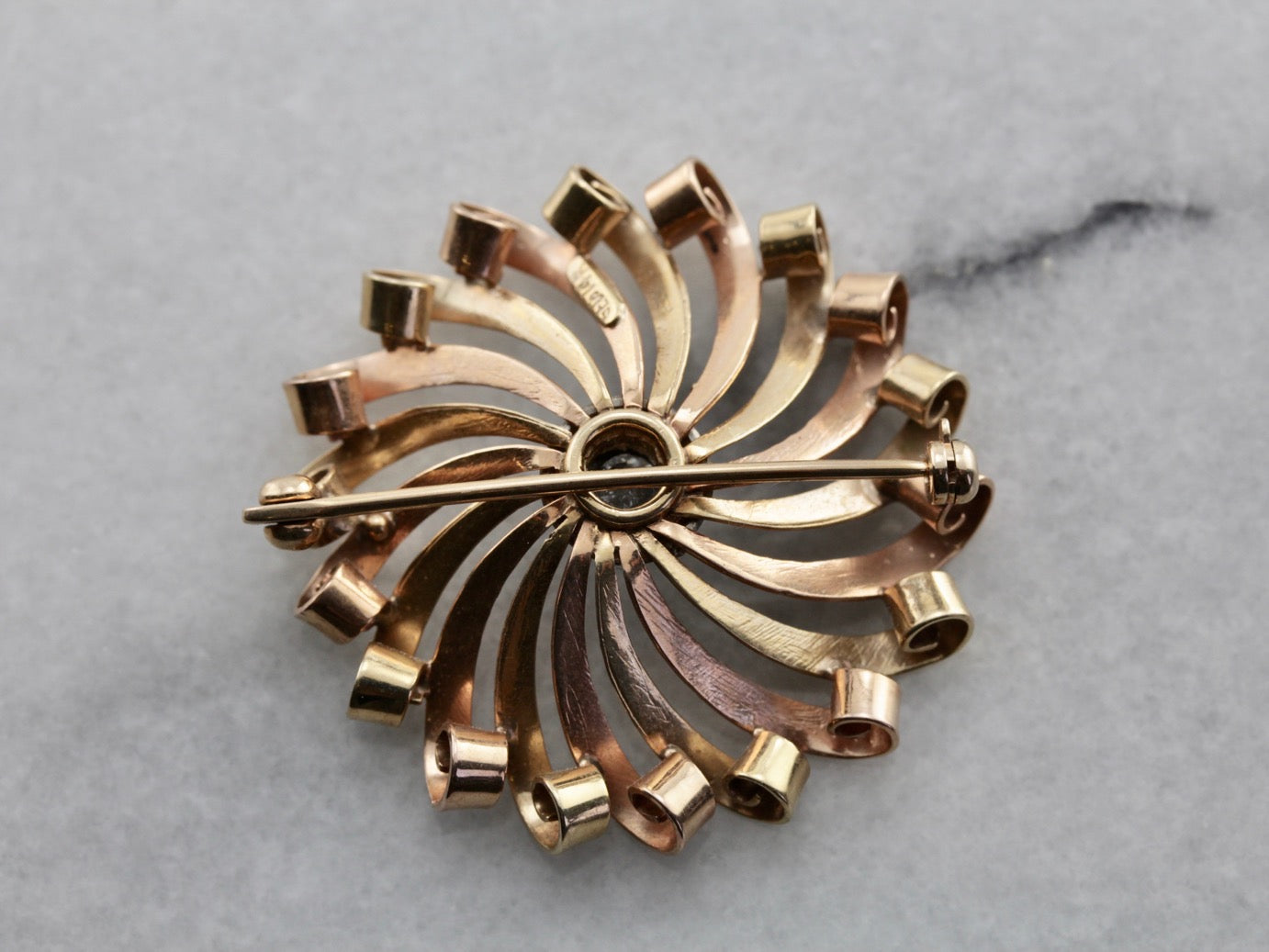 Mid Century Spiral Brooch with Diamond Center in Tri Color Gold