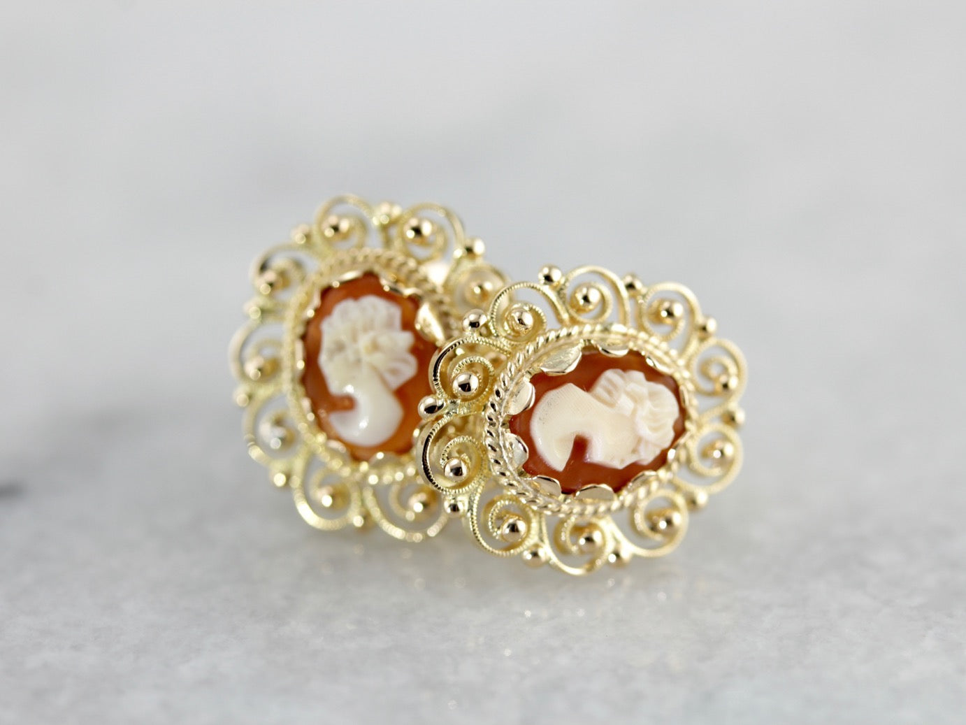 Mid Century Cameo Stud Earrings with Filigree Gold Frames