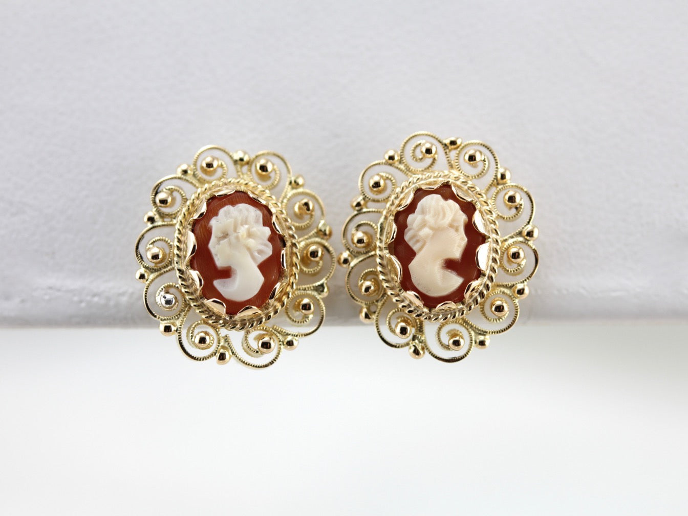 Mid Century Cameo Stud Earrings with Filigree Gold Frames