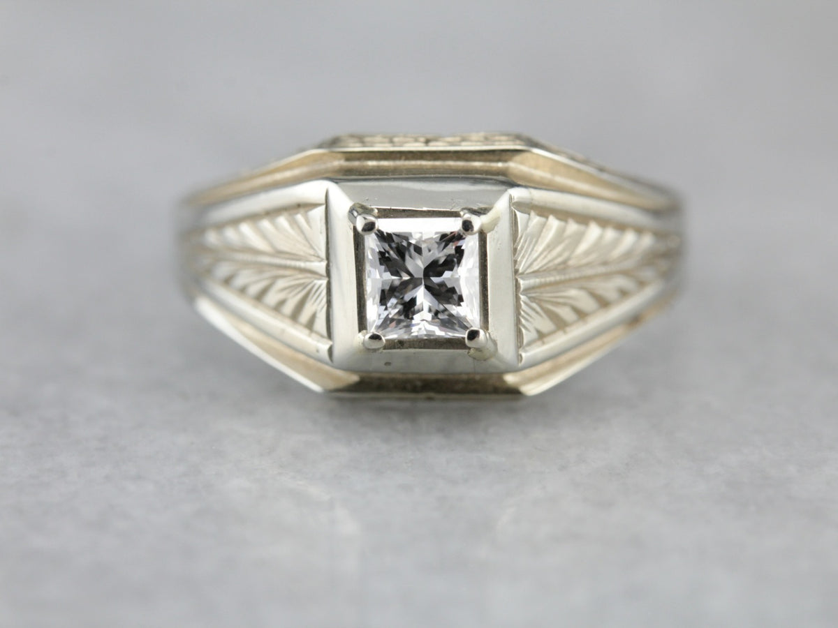 Men&#39;s Art Deco Etched Diamond Ring