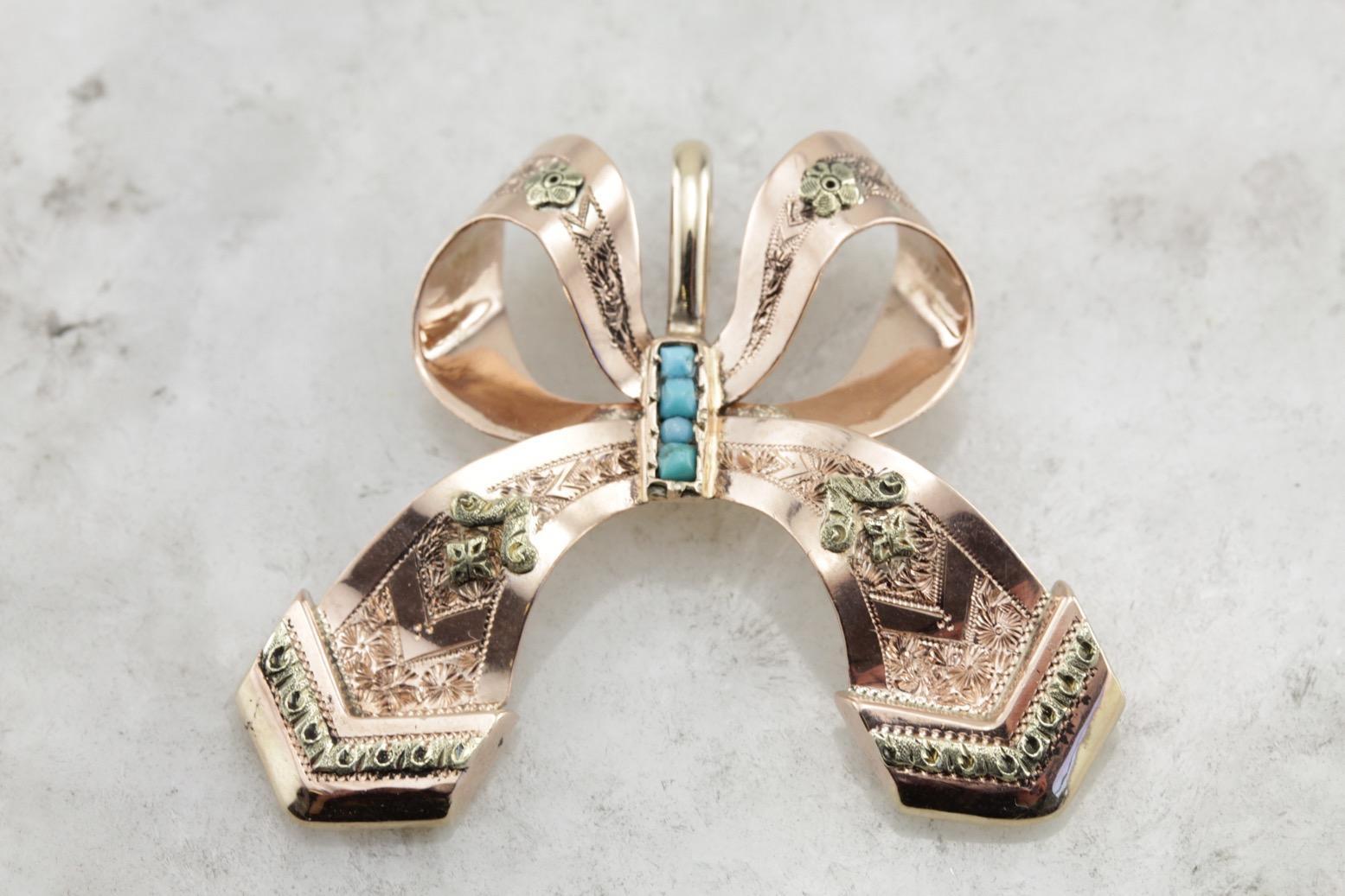 Antique Edwardian / Victorian Bridal Jewelry: Beautiful Turquoise and Rose Gold Vintage Ribbon Pendant