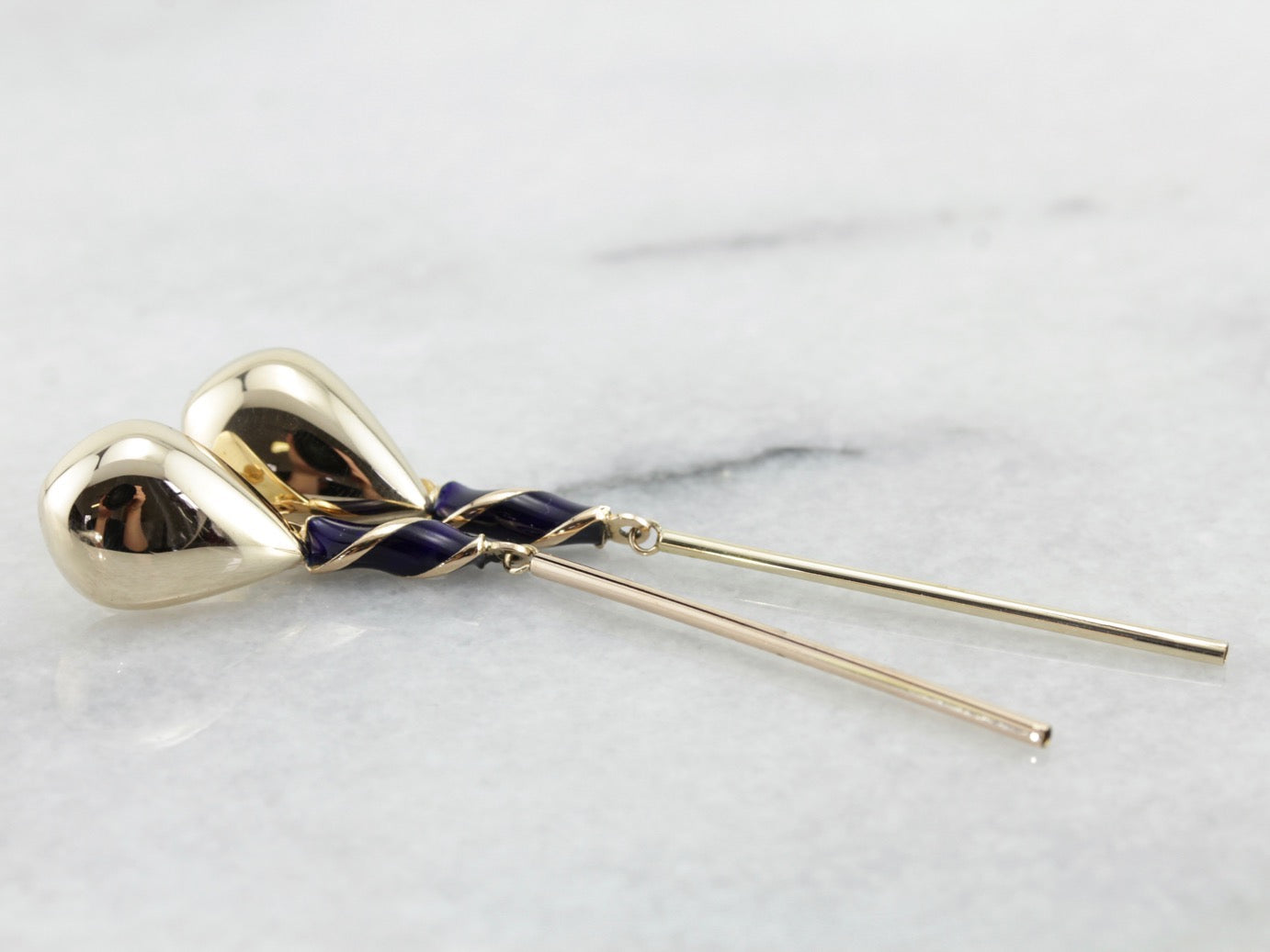 Blue Enamel Swirl Accented Bar Drop Earrings, Long Contemporary Drops