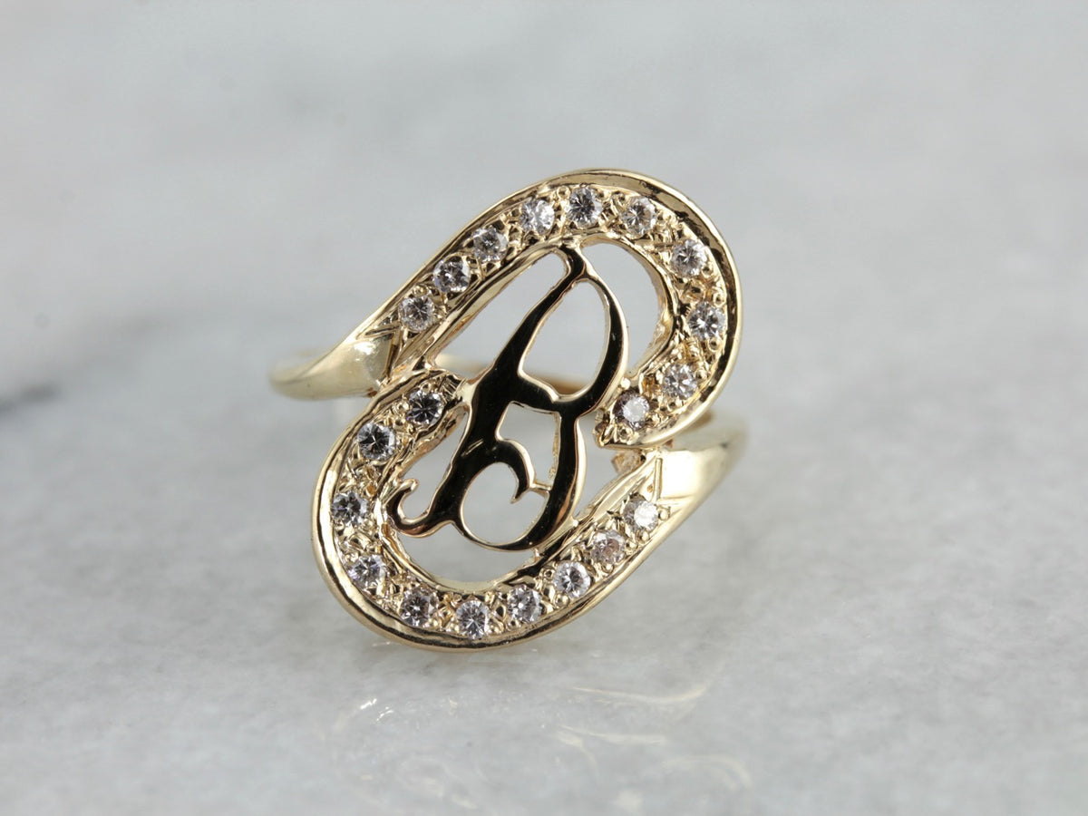 One of a Kind B Monogram Ring with Diamond Frame