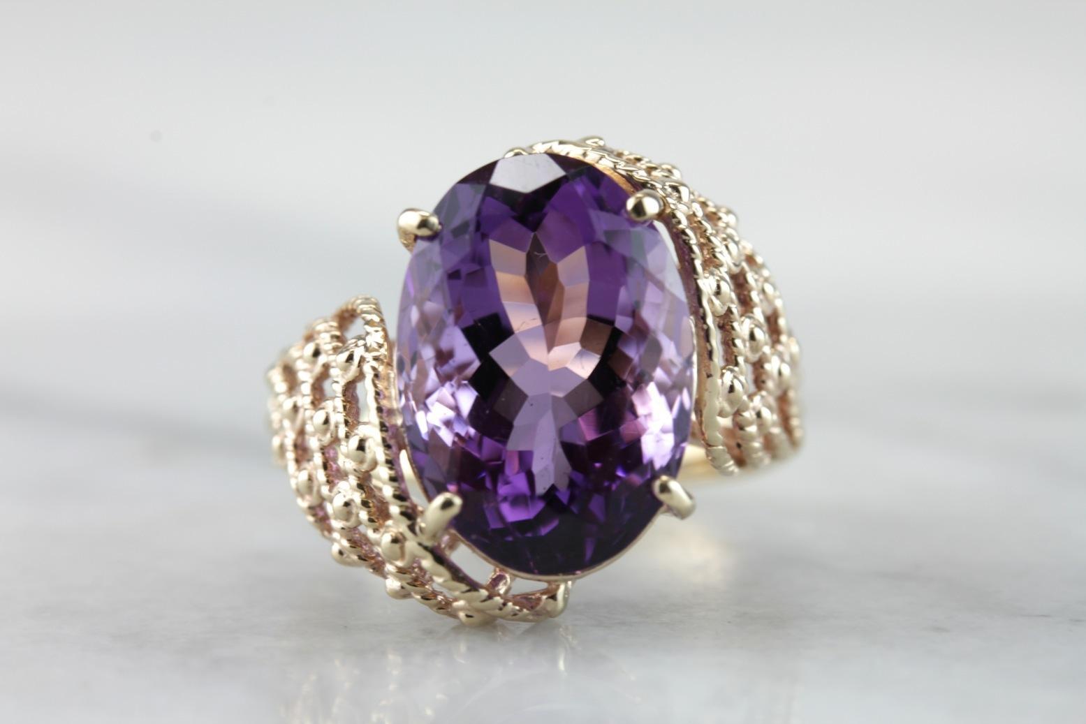 Vintage Mid Century Amethyst Gold Filigree Cocktail Ring