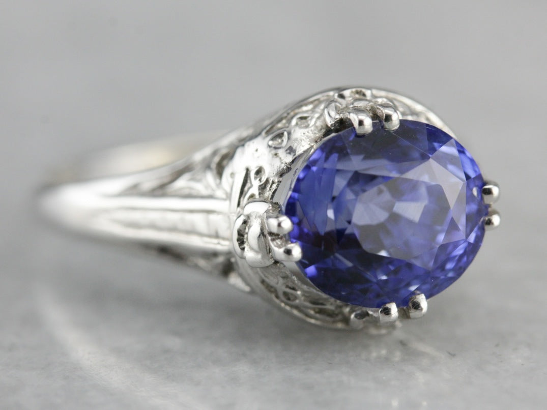 Art Deco White Gold Filigree Ceylon Sapphire Engagement Ring