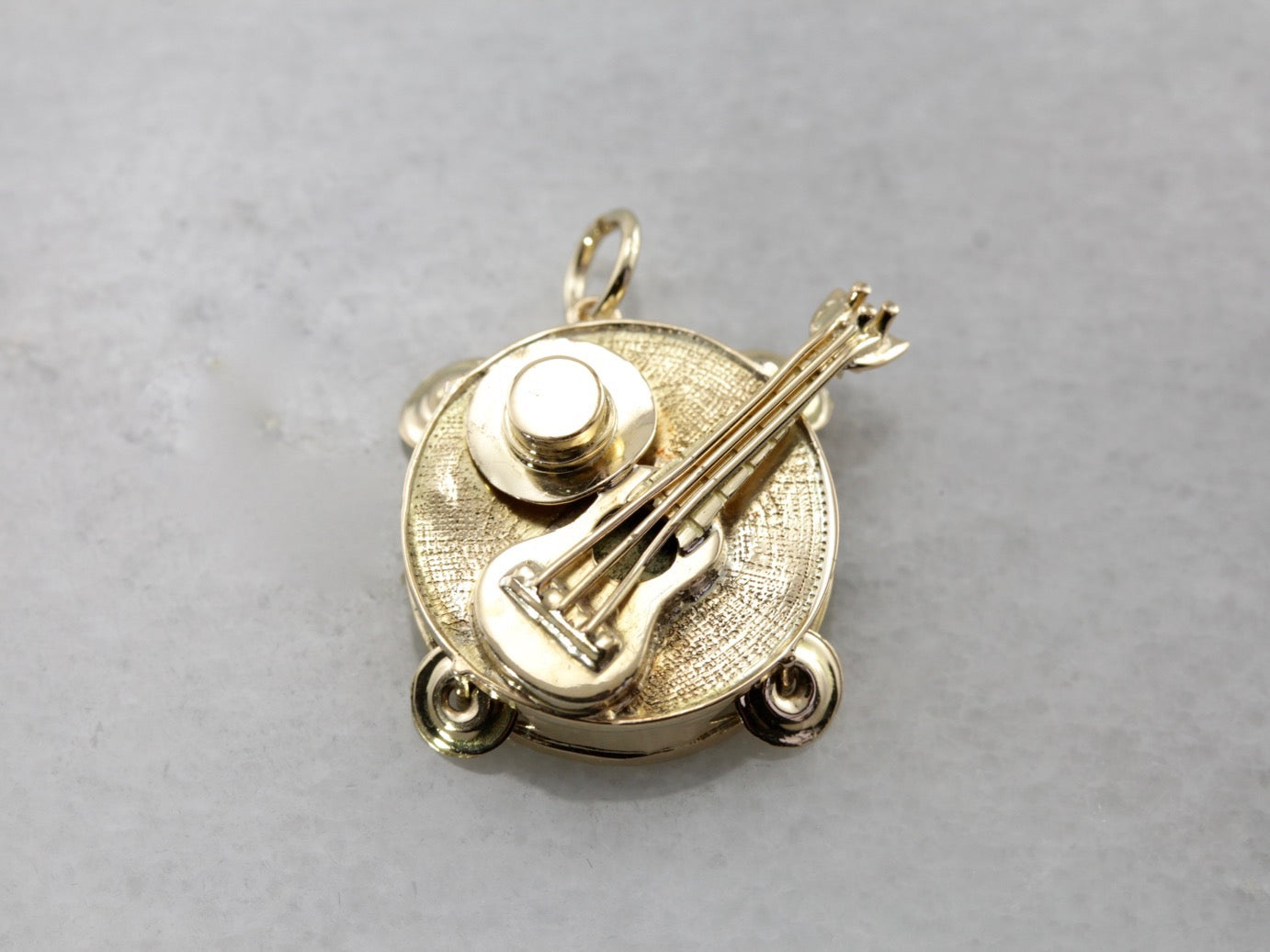 Tambourine, Guitar, and Hat Charm or Pendant in Yellow Gold, Traveling Bluesman, Mississippi Delta Blues