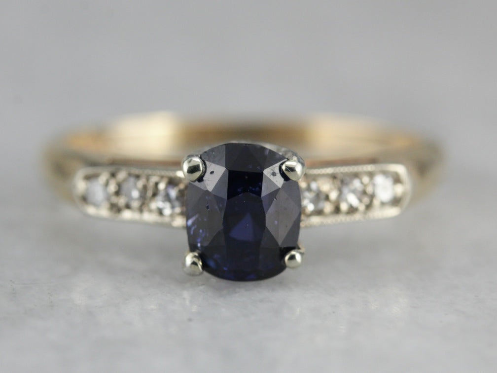 Sapphire and Diamond Retro Era Engagement Ring