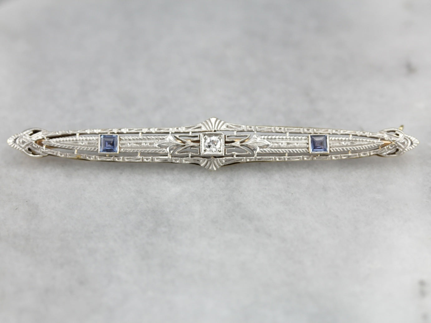 Platinum and Gold, Sapphire Bar Pin with Diamonds