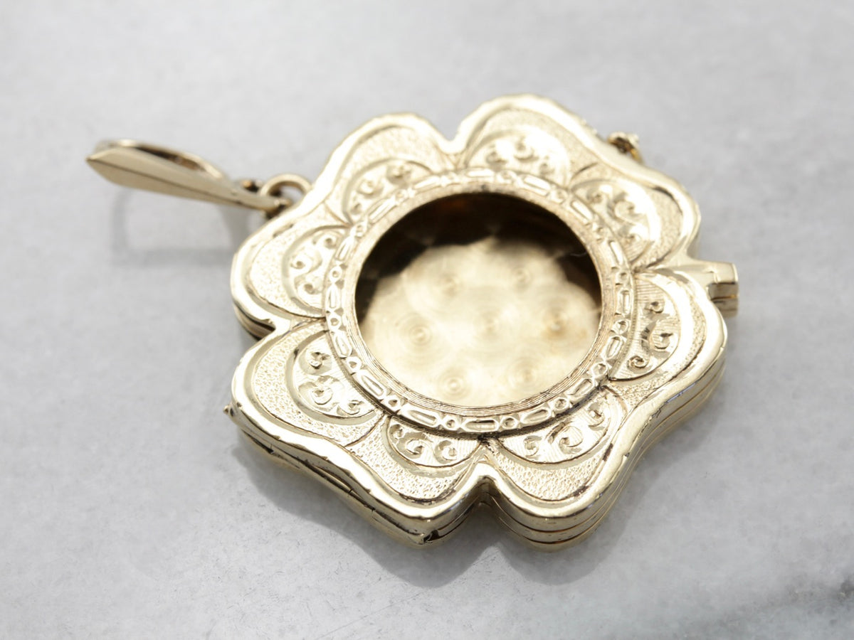 Vintage Shamrock Locket with Room for Multiple Images, Vintage Yellow Gold