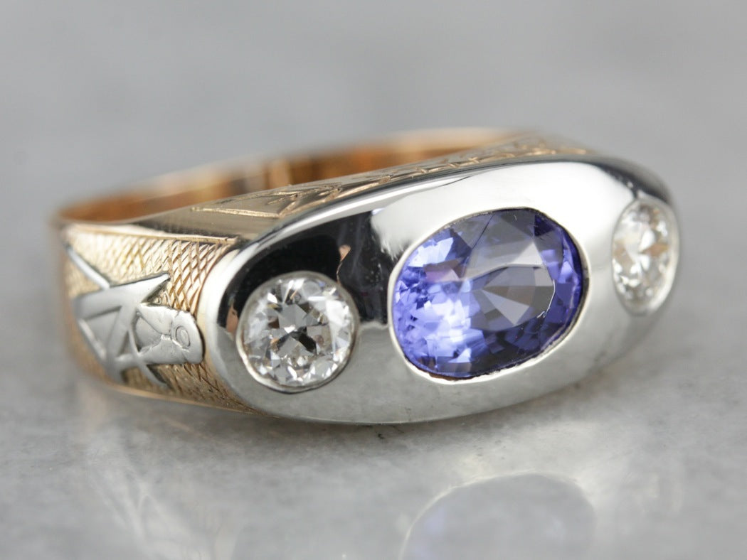 Modernist Masonic Men s Ring with Sapphire Center Retro Era Setting w
