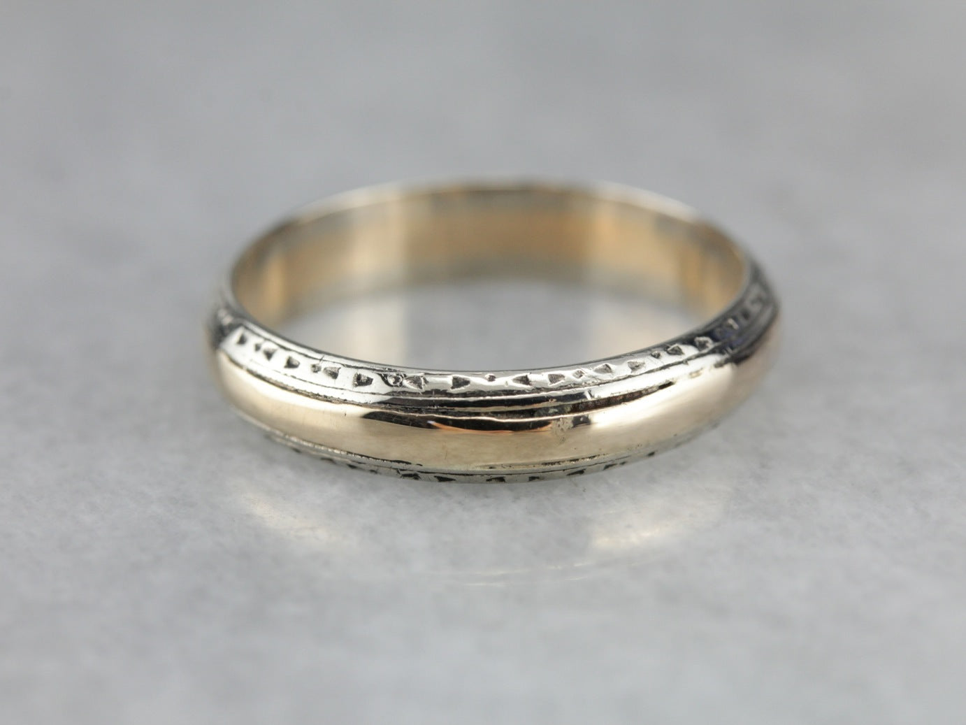 Vintage Two Tone Gold Wedding Band with Milgrain Edging