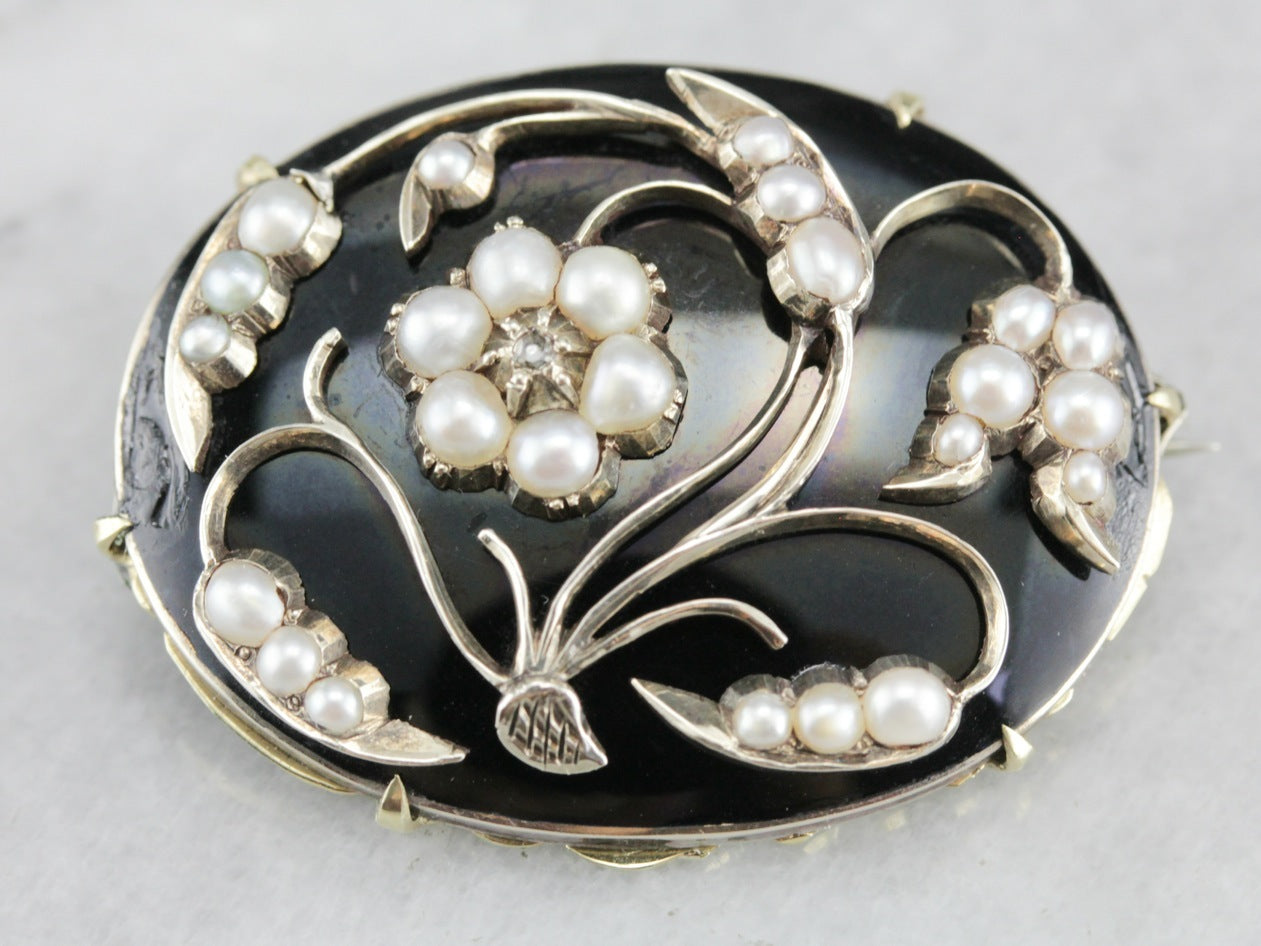 Antique Floral Seed Pearl and Diamond Brooch