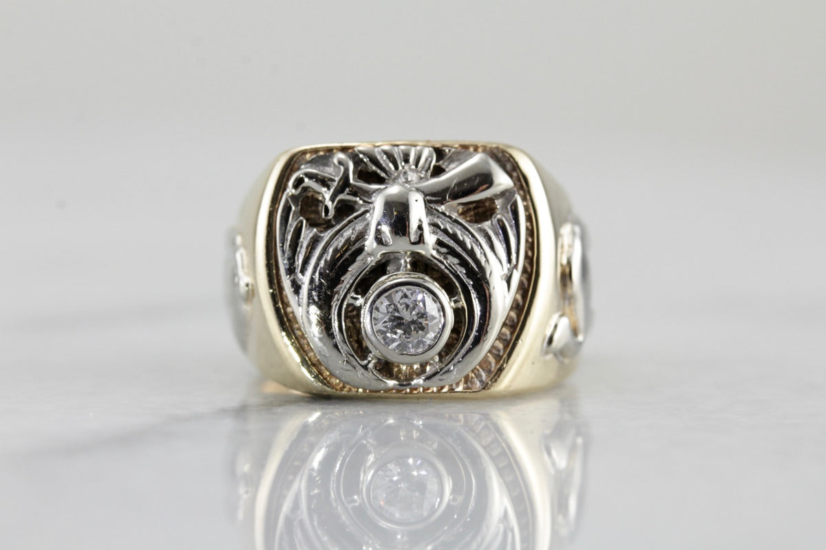 Vintage Men&#39;s Diamond Shriners Club Ring in Yellow and White Gold