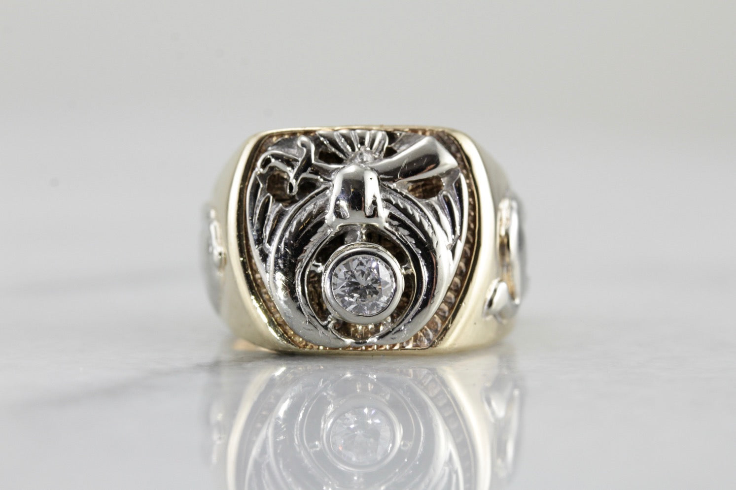 Vintage Men's Diamond Shriners Club Ring in Yellow and White Gold