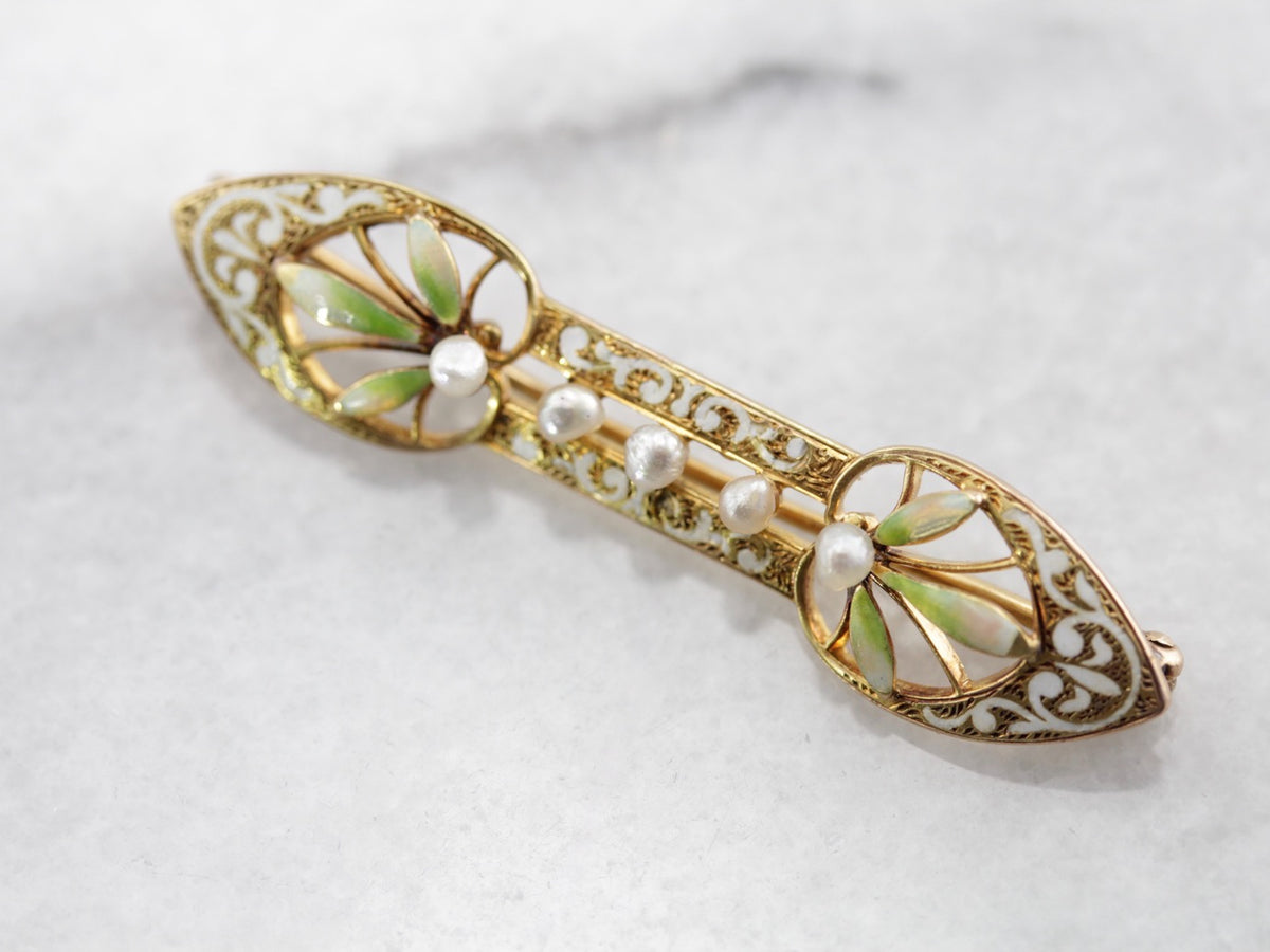 Beautiful Art Nouveau Era Seed Pearl and Enamel Bar Pin