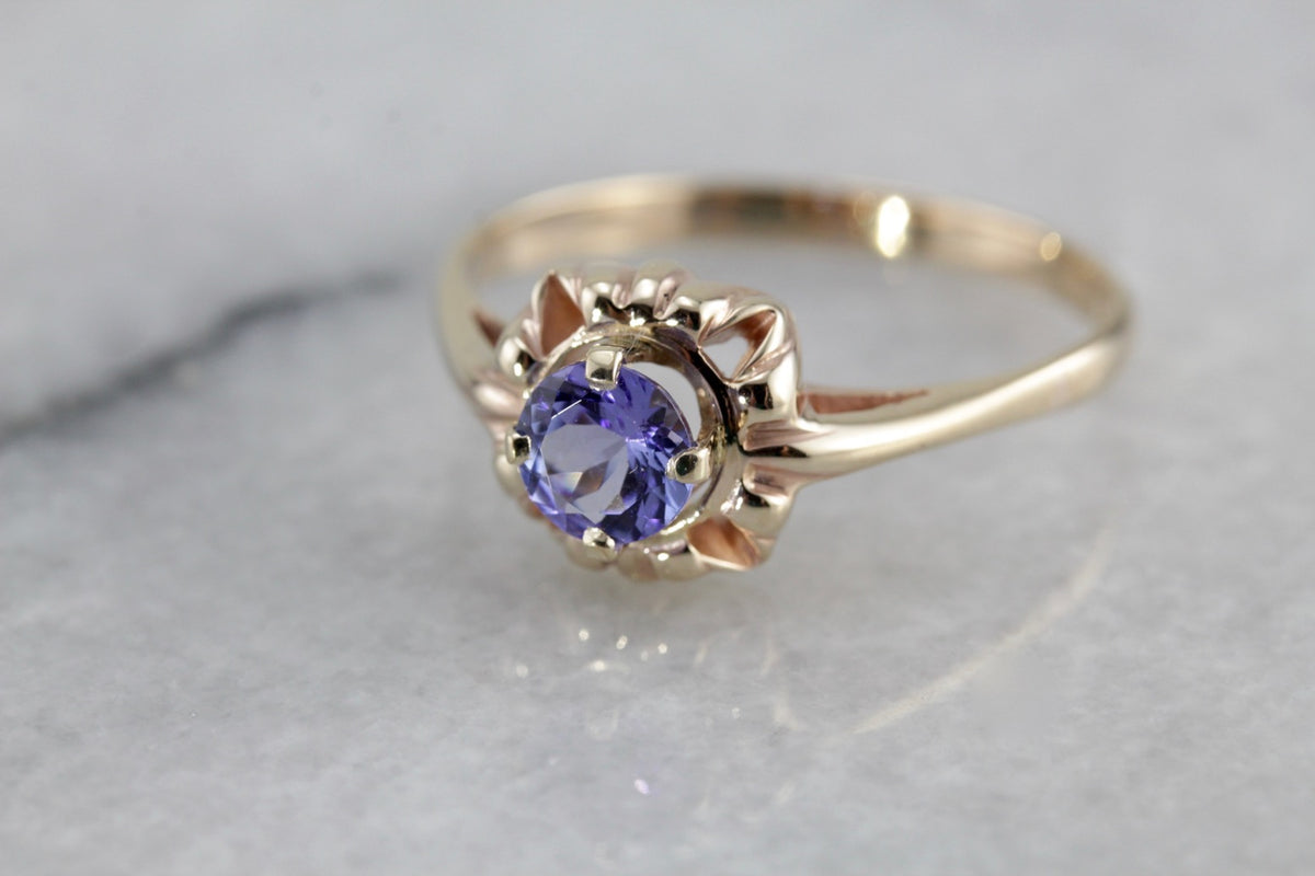 Retro Era Tanzanite Solitaire Ring, Victorian Revival Ladies Ring Mounting with New Stone