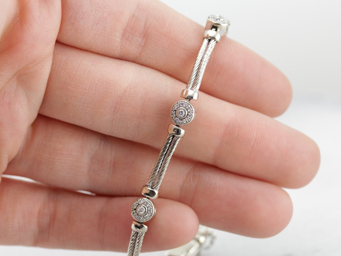 High Quality White Gold Rope and Diamond Cluster Link Bracelet