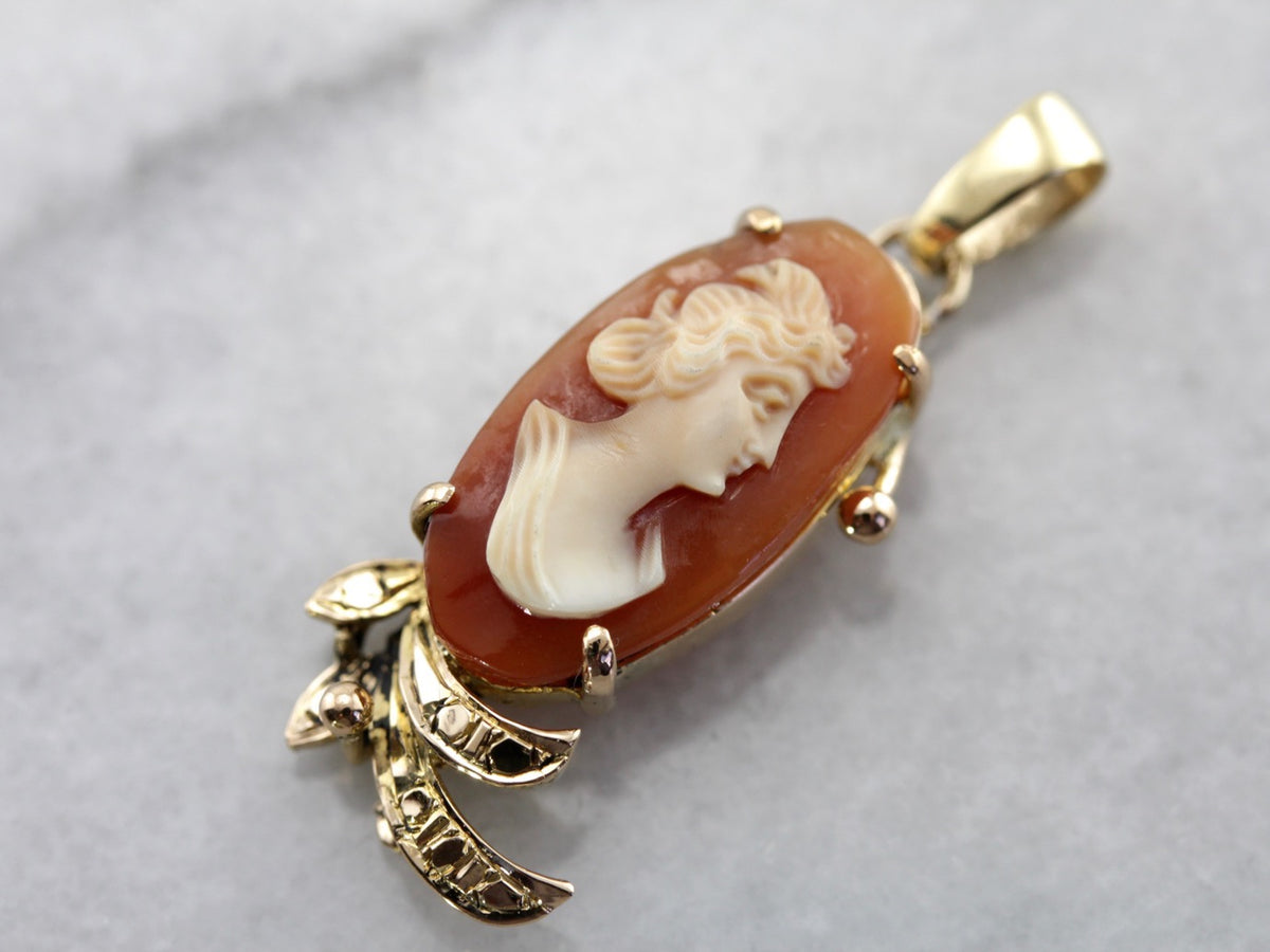 Vintage Shell Cameo Set in Handmade Yellow Gold Pendant