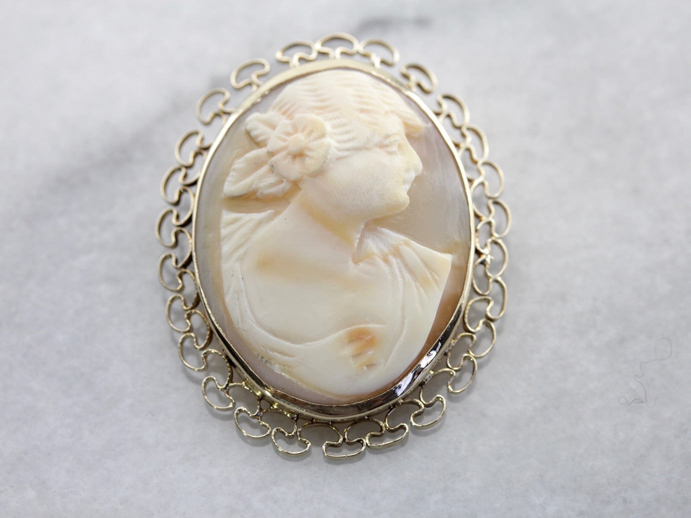 Vintage shell offers carved Cameo pin