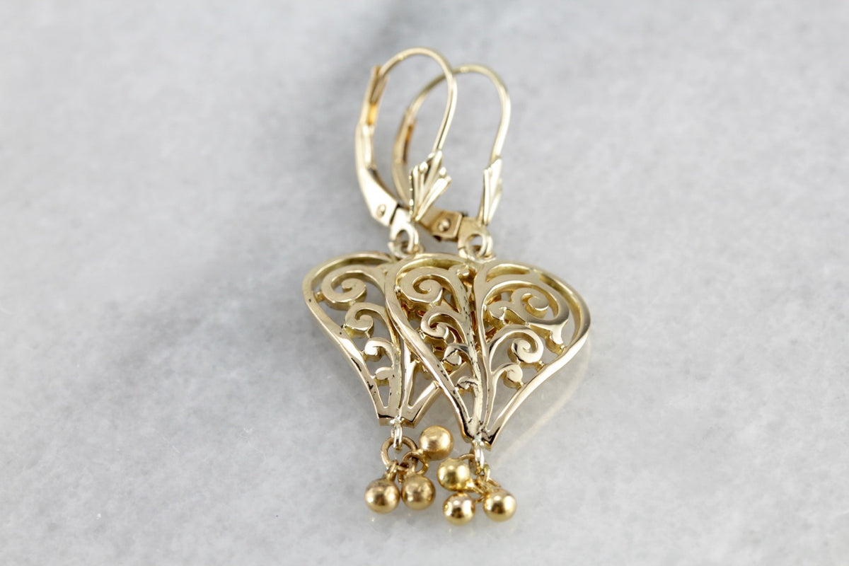 Scrolling Filigree Heart Earrings in Yellow Gold