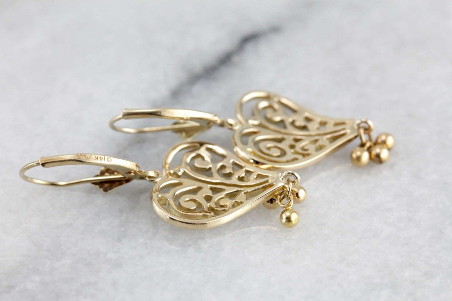 Scrolling Filigree Heart Earrings in Yellow Gold