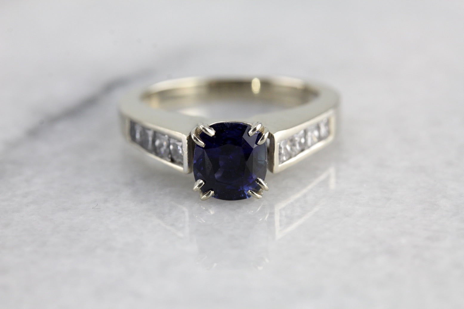 Contemporary Fine Midnight Blue Ceylon Sapphire of Excellent Quality,  Engagement Ring in Diamonds and White Gold