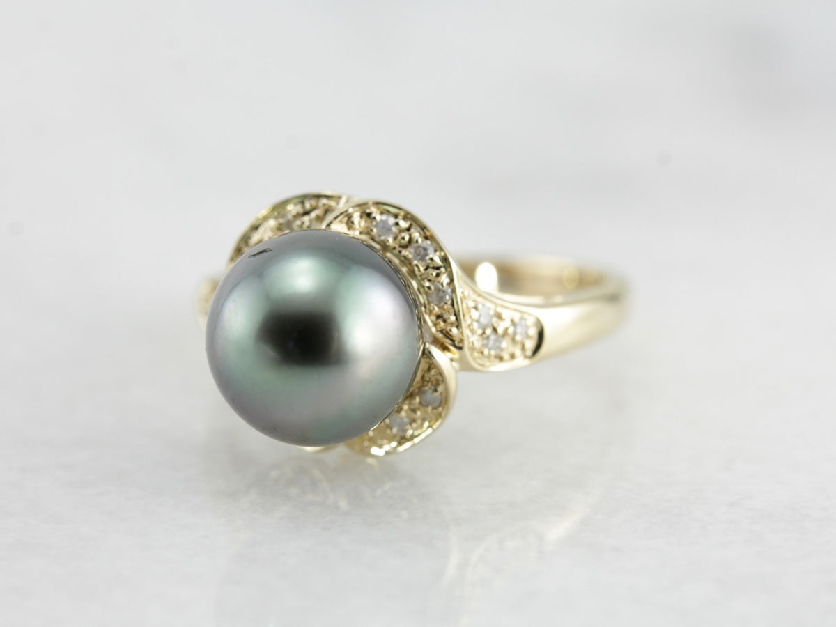 Large Grey Pearl and Diamond Cocktail Ring