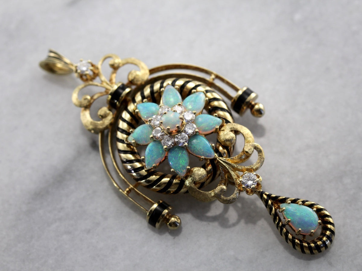 Superb Victorian Revival Opal and Diamond Pin or Pendant