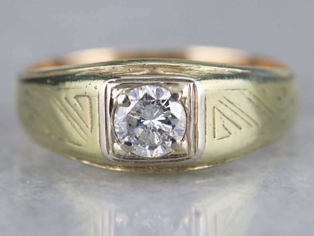 1930s Engraved Side Two Tone Mens Diamond Ring