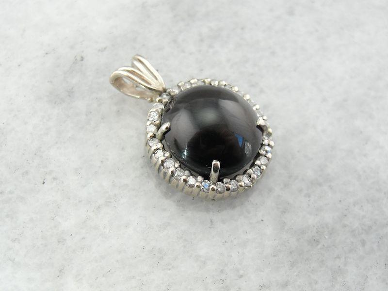 Cat s Eye Sillimanite and Diamond Halo Pendant