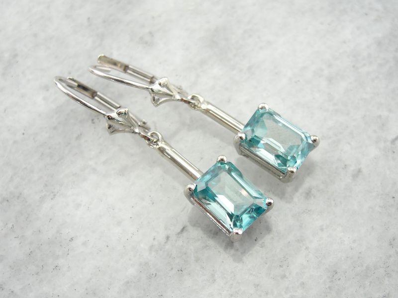 Simple Blue Zircon Drop Earrings in White Gold