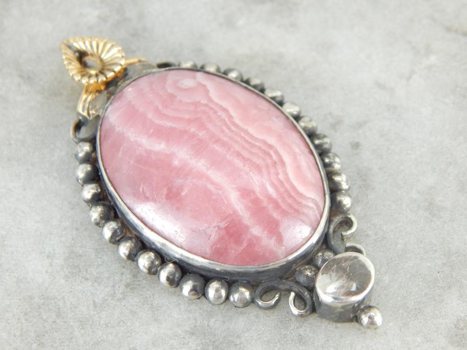 Vintage Rhodochrosite Pendant in Silver and Gold