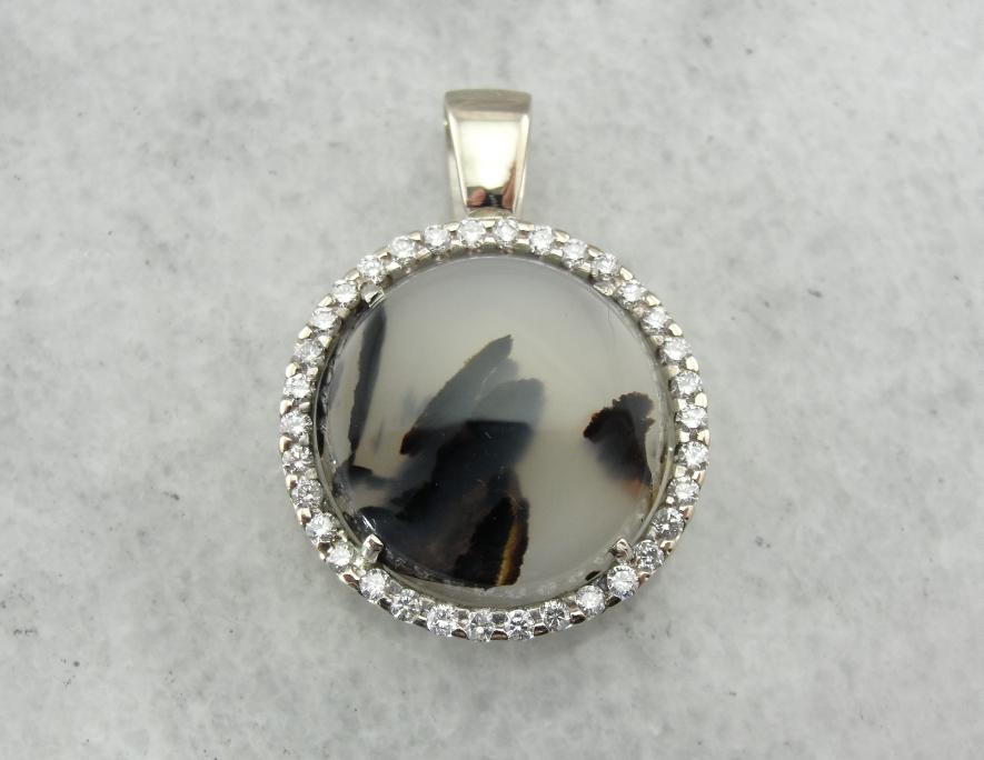 Montana Moss Agate and Diamond Halo Pendant