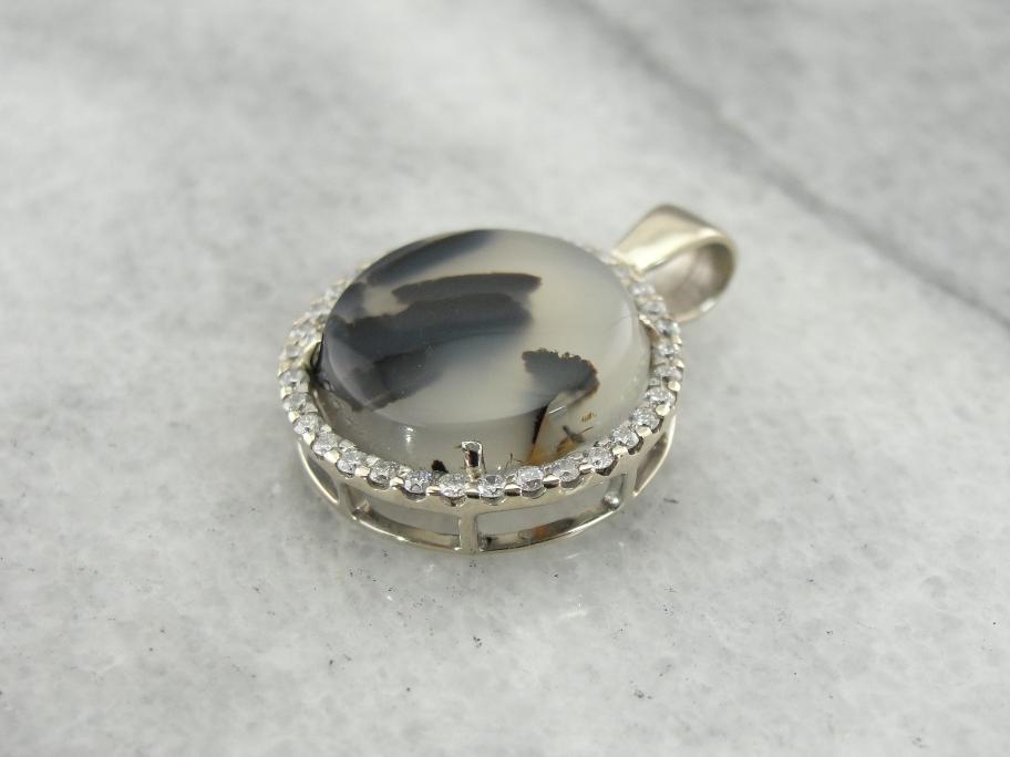 Montana Moss Agate and Diamond Halo Pendant