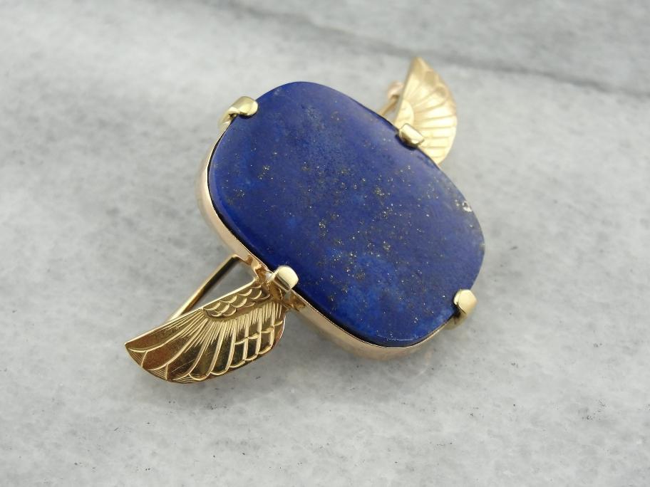 Vintage Egyptian Revival Lapis Brooch with Wing Details