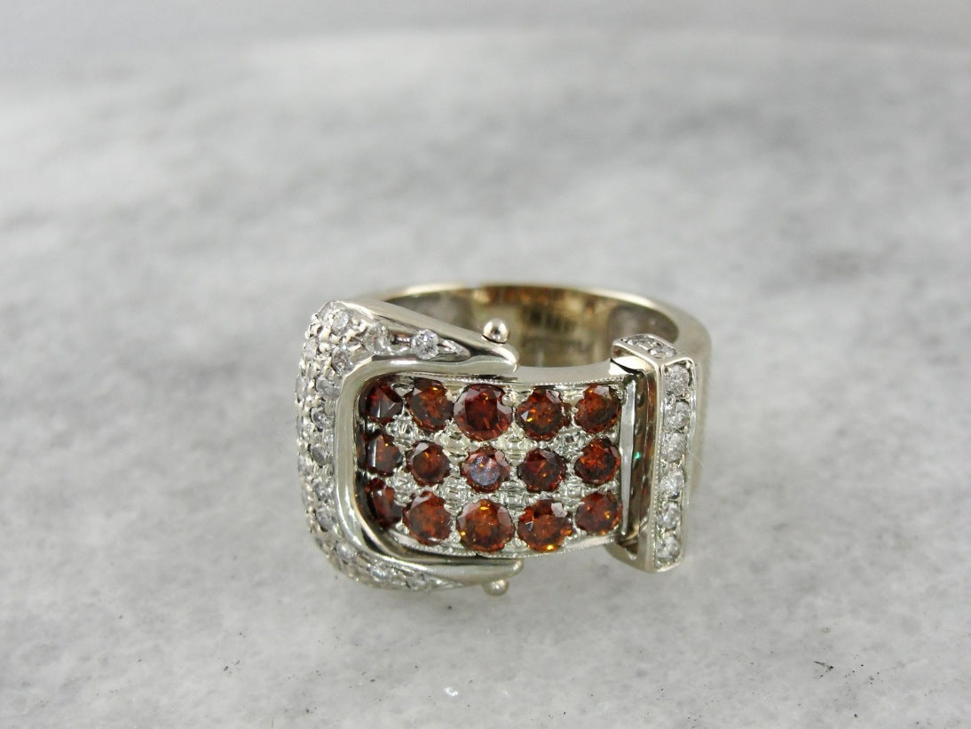 Sparkling Orange and White Diamond Belt Buckle Ring