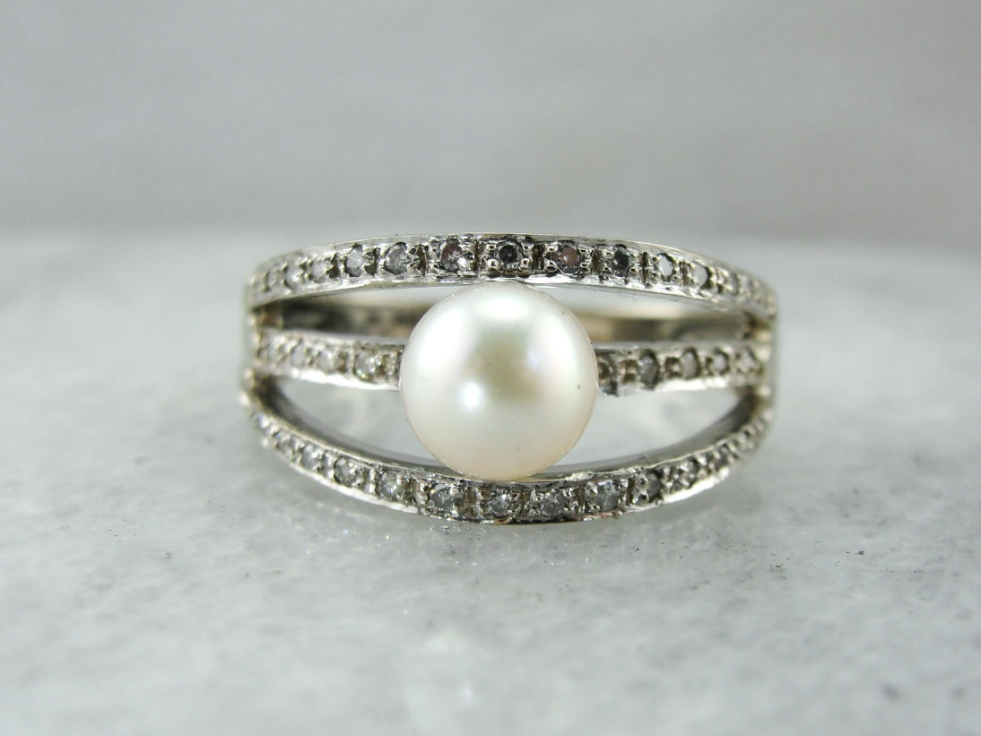 Modern Pearl and Diamonds Triple Band Cocktail Ring